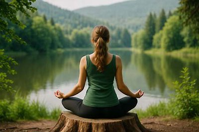 Frau im Yogasitz am Ufer eines Sees